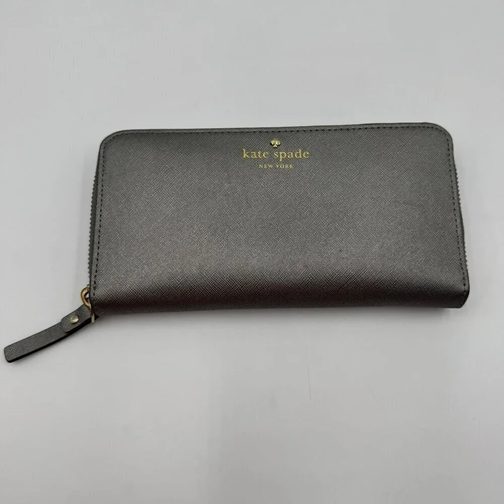 Kate Spade New York Gray Leather Zip-Around Wallet With 12 Card Slots & Interior